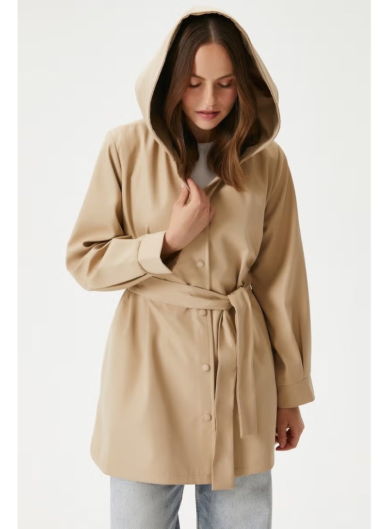 Ritnice Women's Trendy Hooded Snap-On Beige Trench Coat - Image 2
